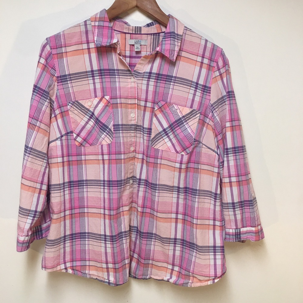 Croft & Barrow Button Down Women XXL Pink Purple Plaid 3/4‎ Sleeve Cotton Top